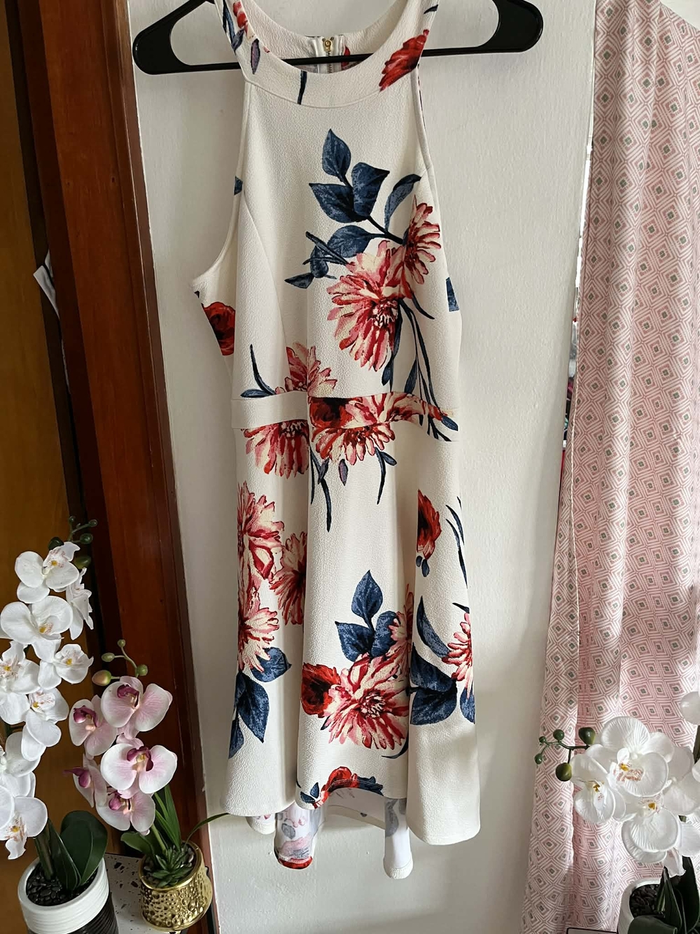 Almost Famous Cream Halter Fit-and-Flare Dress with Red & Blue Floral Print - Picture 6 of 6